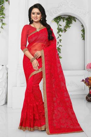 Rich And Elegant Looking Designer Saree Is Here With Heavy Embroidery All Over. This Saree And Blouse Are Fabricated On Net Which Is Light In Weight And Also Easy To Carry Throughout The Gala.