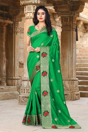 Here Is A Beautiful Designer Saree For All Occasion Wear. This Silk Based Saree And Blouse Are Beautified With Attractive Jari And Thread Emnroidery. Its Fabrics Ensures Superb Comfort All Day Long. 