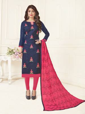 If Those Readymade Suit Does Not Lend You The Desired comfort Than Grab This Very Pretty Cotton Based Dress Material Paired With Chiffon Fabricated Dupatta. It Is Beautified With Contrasting Thread Work Over Top And Dupatta. 