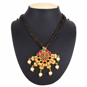 Grab This Heavy Three Chained Magalsutra With A Heavy Designer Pendant. This Mangalsutra Can Be Paired With Any Colored Traditional Attire. Buy Now.