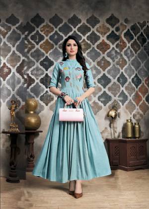 You Will Definitely Earn Lots Of Compliments Wearing This Designer Readymade Gown In Light Blue Color Fabricated On Khadi Slub. This Gown Has Very Pretty Multi Colored Thread Work. 