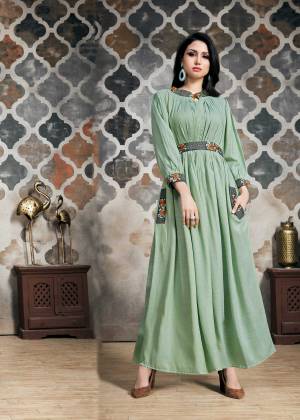 You Will Definitely Earn Lots Of Compliments Wearing This Designer Readymade Gown In Light Green Color Fabricated On Khadi Slub. This Gown Has Very Pretty Multi Colored Thread Work. 