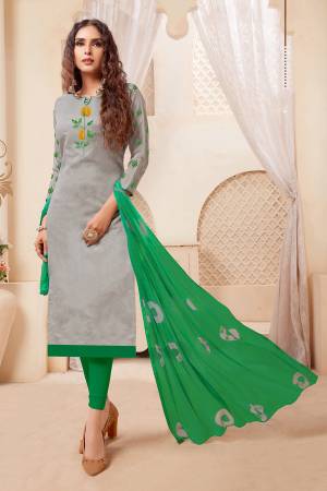 Simple and Elegant Looking Pretty Dress Material Is Here In Grey Colored Top Paired With Contrasting Green Colored Bottom And Dupatta. Its Top IS Fabricated On Modal Silk Paired With Cotton Bottom And Chiffon Dupatta. All Its Fabric Are Light Weight And Easy To Carry all Day Long. 