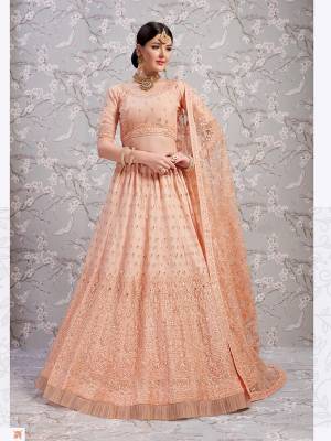 Add This Beautiful Lehenga Choli To Your Wardrobe In Lovely All Over Peach Color. This Heavy Embroidered Lehenga Choli Is Net Based Paired With Net Fabricated Dupatta. It Has Very Elegant Tone To Tone Embroidery Giving It A Rich Subtle Look. Buy Now.