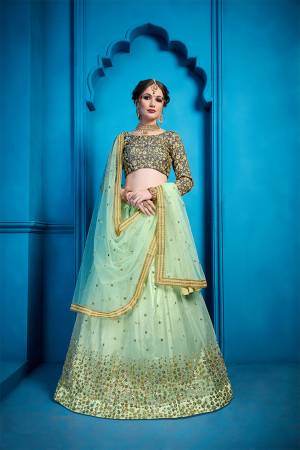 Add This Very Beautiful Designer Lehenga Choli To Your Wardrobe In Dark Grey Colored Blouse Paired With Pastel Green Colored Lehenga And Dupatta. Its Blouse Is Fabricated On Art Silk Paired With Net Fabricated Lehenga And Dupatta. It Has Very Pretty And Attractive Embroidery Which Will Definitely Earn You Lots Of Compliments From Onlookers. 