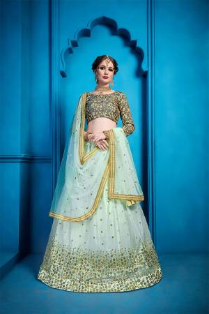 Add This Very Beautiful Designer Lehenga Choli To Your Wardrobe In Dark Grey Colored Blouse Paired With Pastel Blue Colored Lehenga And Dupatta. Its Blouse Is Fabricated On Art Silk Paired With Net Fabricated Lehenga And Dupatta. It Has Very Pretty And Attractive Embroidery Which Will Definitely Earn You Lots Of Compliments From Onlookers. 