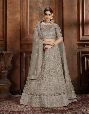 Here Is Very Elegant Looking Heavy Designer Lehenga Choli For The Upcoming Wedding Season In Pretty Sand Grey Color. This Lehenga , Choli And Dupatta Are Fabricated On Net Beautified With Heavy Detailed Embroidery. Buy Now.