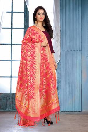 For A Proper Traditional Look, Pair Up Your Simple Attire With This Trendy Banarasi Art Silk Fabricated Dupatta. It Is Beautified With Weave All Over. Also It Is Light In Weight And Easy To Carry All Day Long