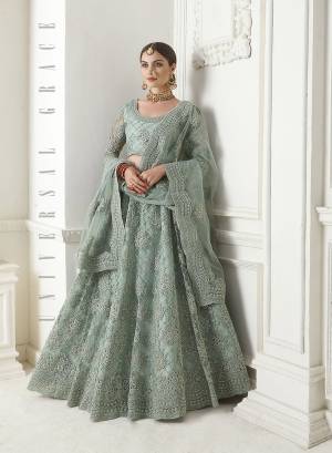 Look Ravishing Wearing This Heavy Deisgner Lehenga Choli In All Over Dusty Green Color. Its Detailed Embroidered Blouse, Lehenga And Dupatta Are Fabricated Net Beautified With Elegant Tone To Tone Resham And Coding Work Highlited With Stones. Buy This Heavy Yet Subtle Look Designer Lehenga Choli Now.