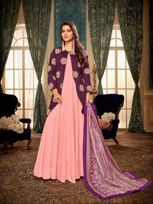 Look Pretty In This Designer Readymade Gown With Jacket In Pink And Wine Color Paired With Pink Colored Dupatta. This Gown, Jacket And Dupatta Ae Muslin Based Which Is Light Weight And Easy To Carry all Day Long. 