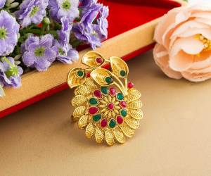 Here Is Royal Looking Designer Finger Ring In Golden Color Beautified With Stone Work. The Rich Golden Color And Pattern Will Give An Elegant Look To Your Hand, Buy Now