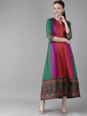 Go Colorful With This Readymade A-Line Long Kurti In Multi Color. This Kurti Is Silk Based Which Gives A Rich Look To Your Personality. 