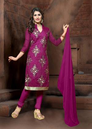 Simple Dress Material Is Here In Purple Colored Top Paired With Purple Colored Bottom and Dupatta. Its Top Is Modal Silk Based Paired With Cotton Bottom And Chiffon Fabricated Dupatta. It Top Is Beautified With Thread Embroidery Work. 