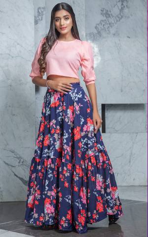 Grab This Pretty Readymade Designer Skirt Top In Pink Colored Top Paired With Navy Blue Colored Skirt. Its Plain Top Is Fabricated On Cotton Paired With Crepe Fabricated Printed Skirt. 