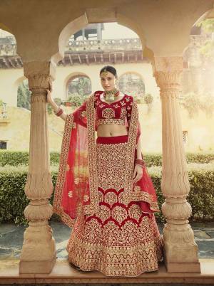 Get Ready For Your D-Day With This Heavy Designer Lehenga Choli In All Over Red Color. This Heavy Embroidered Lehenga Choli Is Fabricated On Velvet Paired With Net Fabricated Dupatta. It Is Beautified With Heavy Coding Jari Embroidery. Buy This Bridal Lehenga Now.