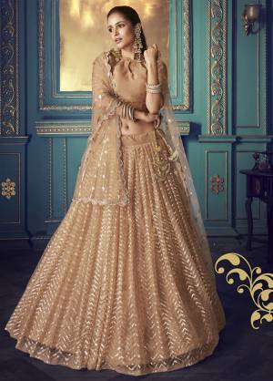 Get Ready For The Upcoming Wedding and Festive Season Wearing This Heavy Designer Lehenga Choli In Light Brown Color. Its Blouse And Lehenga Are Fabricated On Net Beautified With Heavy Attractive Embroidery. 