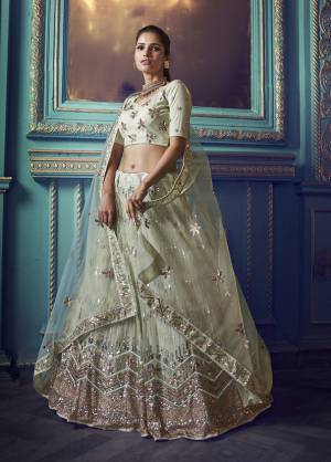 Here Is A Very Pretty Heavy Designer Lehenga Choli In Pastel Green Color. Its Pretty Heavy Embroidered Lehenga, Choli And Dupatta Are Fabricated On Net. Its Fabric, Color And Embroidery Will Earn You Lots Of Compliments From Onlookers. 