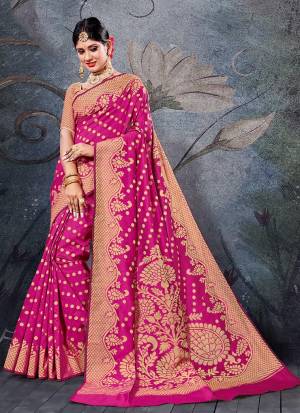 Here Is A Pretty Rich Designer Weaved Saree In Rani Pink Color. This Saree And Blouse Are Fabricated On Handloom Cotton Which Is Durable And Easy To Care For. 