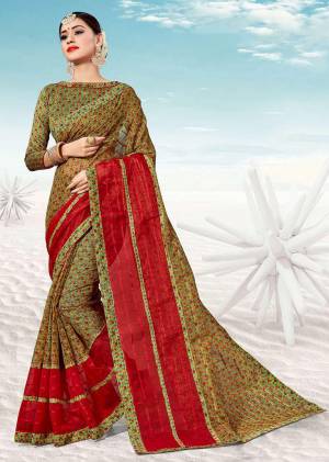 Pretty Simple Saree For Your Casual Or Semi-Casual Wear Is Here In Green Color. This Saree And Blouse Are Fabricated On Kota Silk Beautified With Prints All Over. 