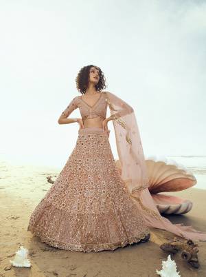 Flaunt Your Rich And Elegant Taste Wearing This Heavy Designer Lehenga Choli In Peach Color. Its Heavy Embroidered Lehenga, Choli and Dupatta Are Fabricated On Net. Buy This Pretty Piece Now.