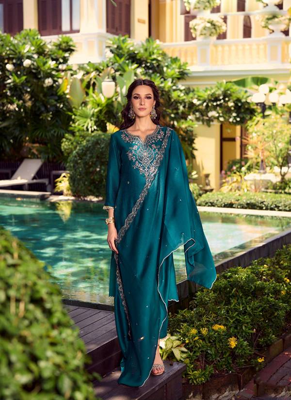 Teal Blue Zari Woven Silk Blend 2 Piece Pakistani Suit