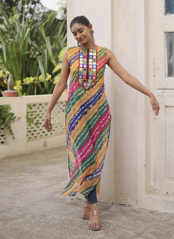 Mustard Yellow Thread Embroidered Cotton Long Kurti