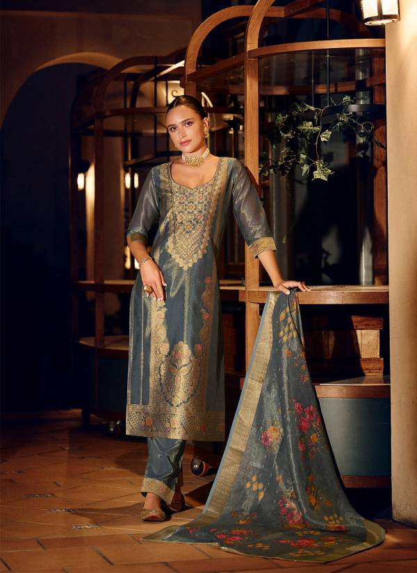 Powder Blue Thread Embroidered Silk Blend Salwar Kameez Suit