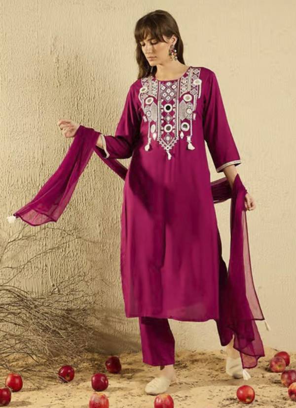 Coral Peach Thread Embroidered Cotton Silk Readymade Ethnic Wear Set