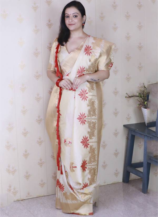 Golden Ivory Hand Block Printed Georgette Wedding Wear Collection Piece