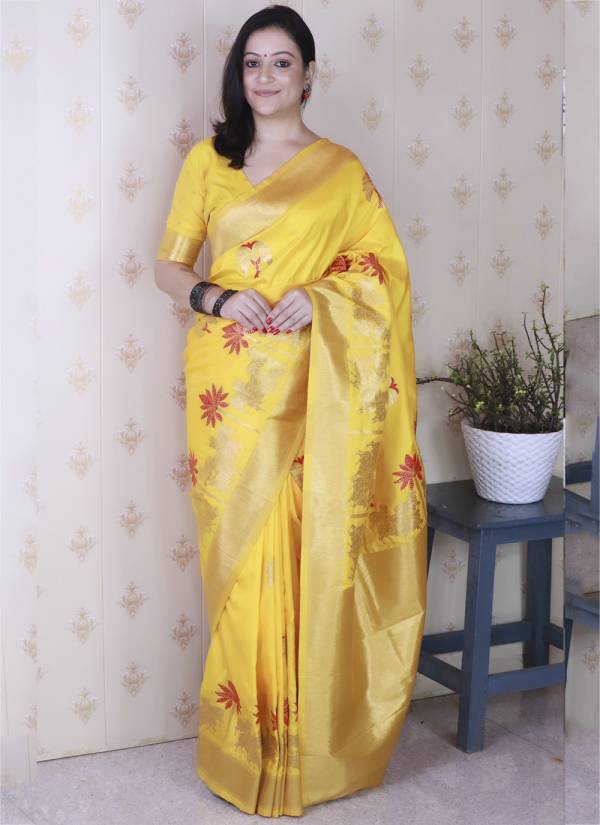 Golden Ivory Thread Embroidered Net Party Wear Saree