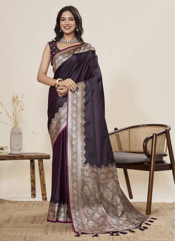 Purple Velvet Resham Thread Cotton Silk Wedding Saree