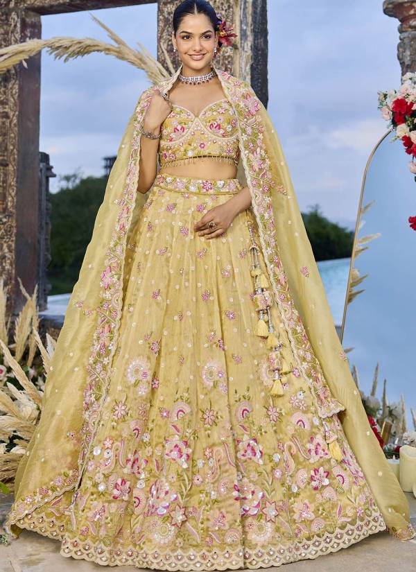 Golden Ivory Zardozi Embellished Raw Silk Bridal Lehenga