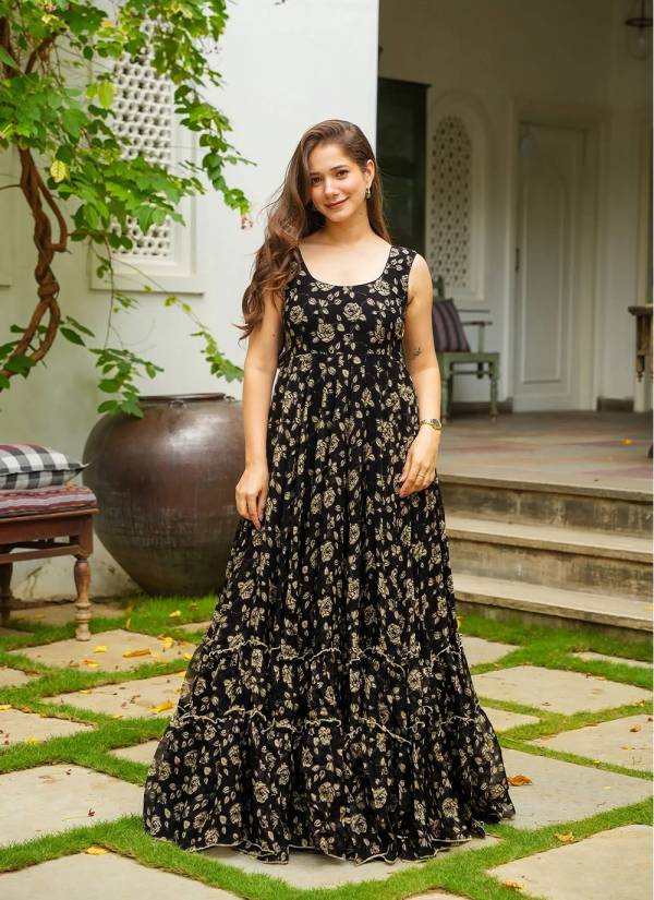 Golden Ivory Sequence Work Lycra Net Evening Gown
