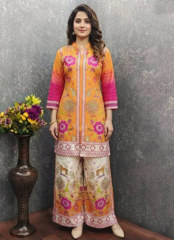 Coral Peach Thread Embroidered Rayon Cotton Kurti