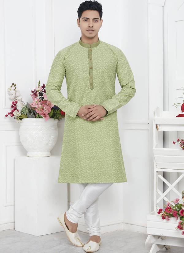 Emerald Green Thread Embroidered Chanderi Indo Western Mens Outfit