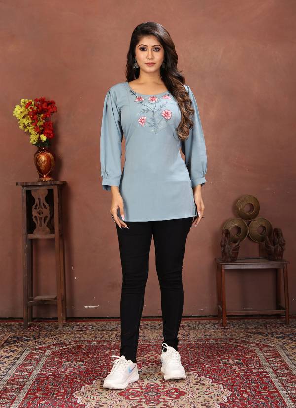 Powder Blue Stone Work Viscose Printed Kurti