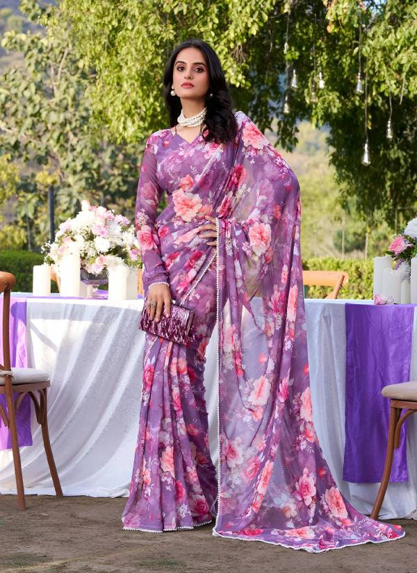 Coral Peach Thread Embroidered Chiffon Cotton Saree