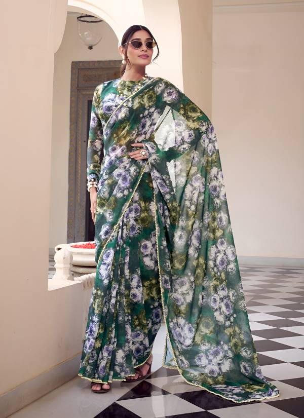 Emerald Green Hand Block Printed Georgette Silk Saree
