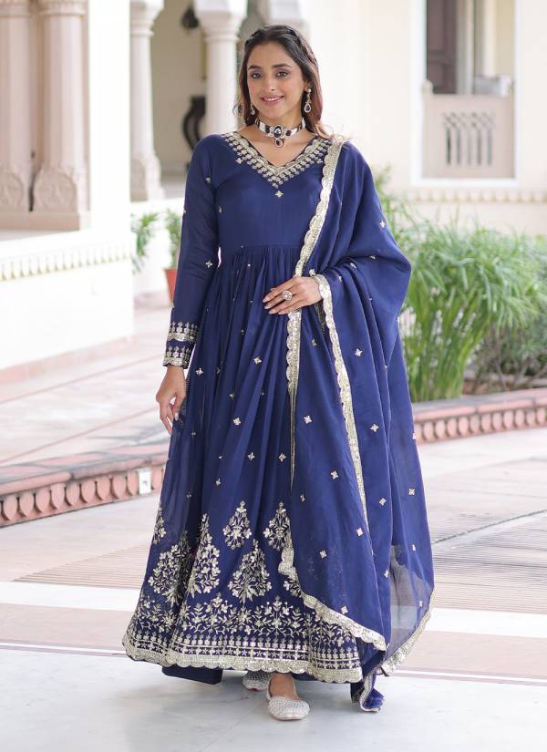 Teal Blue Kundan Work Georgette Evening Gown