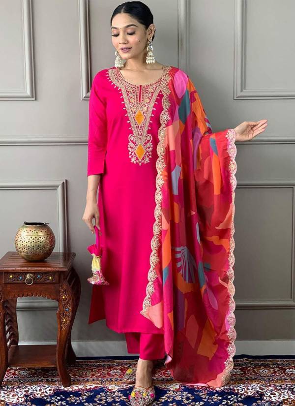 Coral Peach Thread Embroidered Silk Blend Salwar Kameez Suit