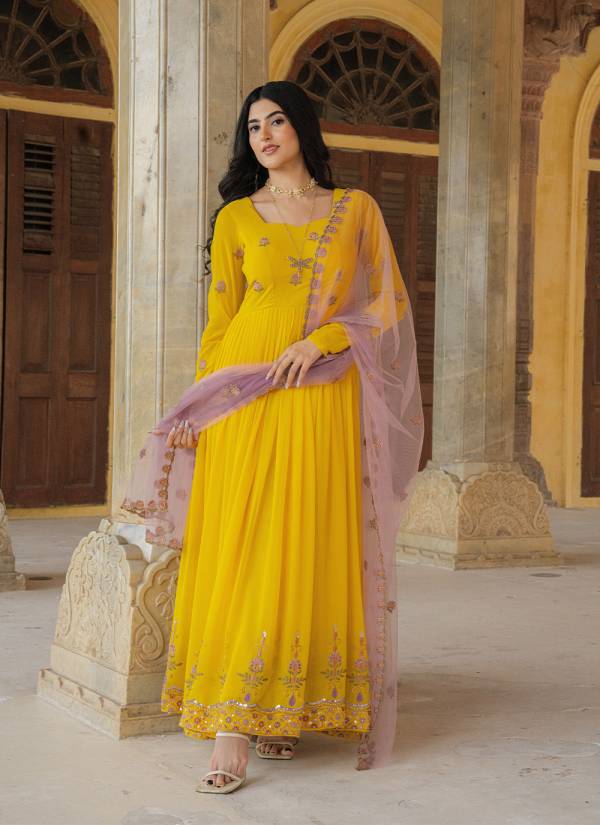 Champagne Gold Kundan Work Silk Blend Evening Gown