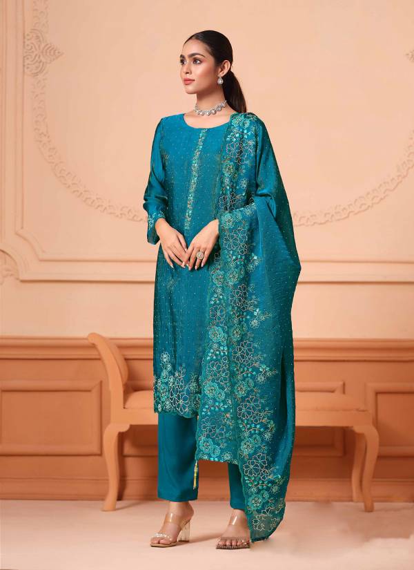 Golden Ivory Hand Block Printed Art Silk Salwar Kameez Suit