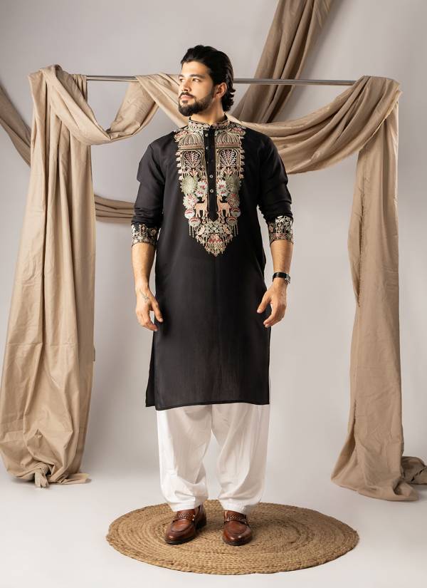 Royal Blue Thread Embroidered Khadi Mens Kurta