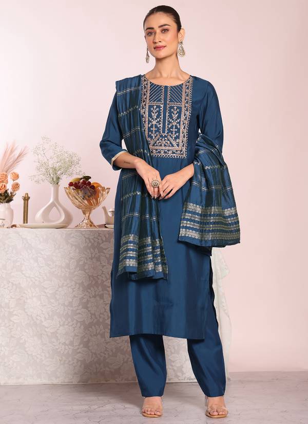 Powder Blue Thread Embroidered Cotton Silk 3 Piece Pakistani Suit