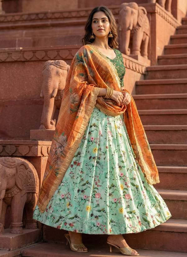 Turquoise Kundan Work Organza Designer Lehenga