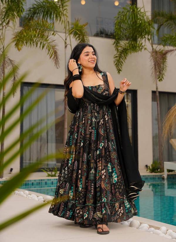 Midnight Black Digital Printed Satin Indo Western Gown