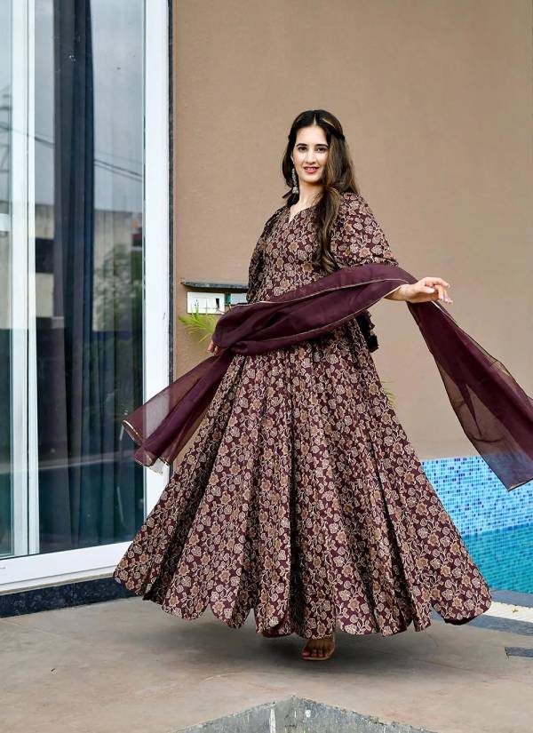 Rani Pink Digital Printed Satin Evening Gown
