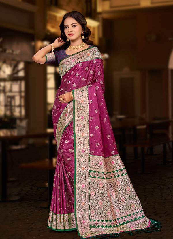 Coral Peach Zari Woven Velvet Wedding Saree