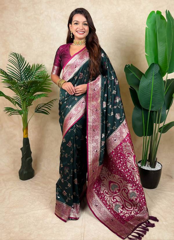 Emerald Green Stone Work Art Silk Printed Saree