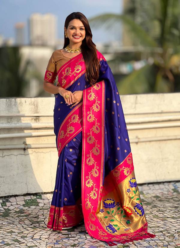 Purple Velvet Hand Block Printed Organza Designer Saree